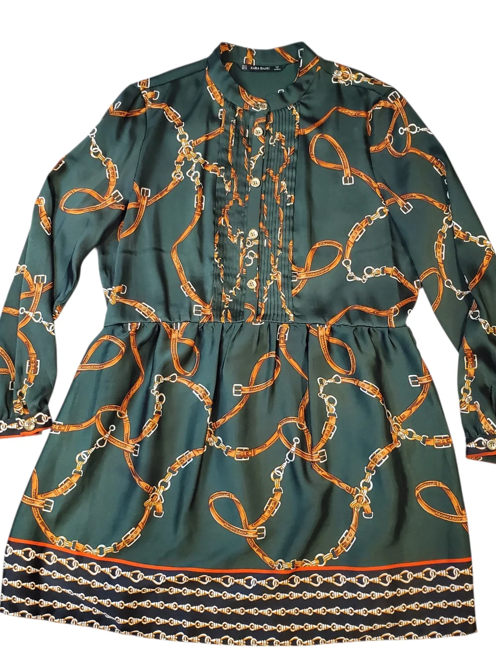 Zara Forest Green Chain-Print Long-Sleeve Dress Size XLarge - Picture 7 of 12